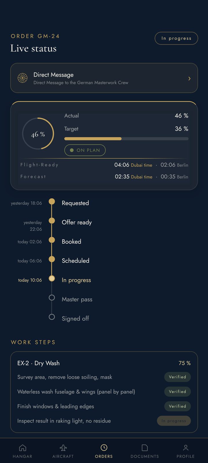 German Masterwork app: live status of a job with planned vs. actual, timestamps and work steps (demo account)
