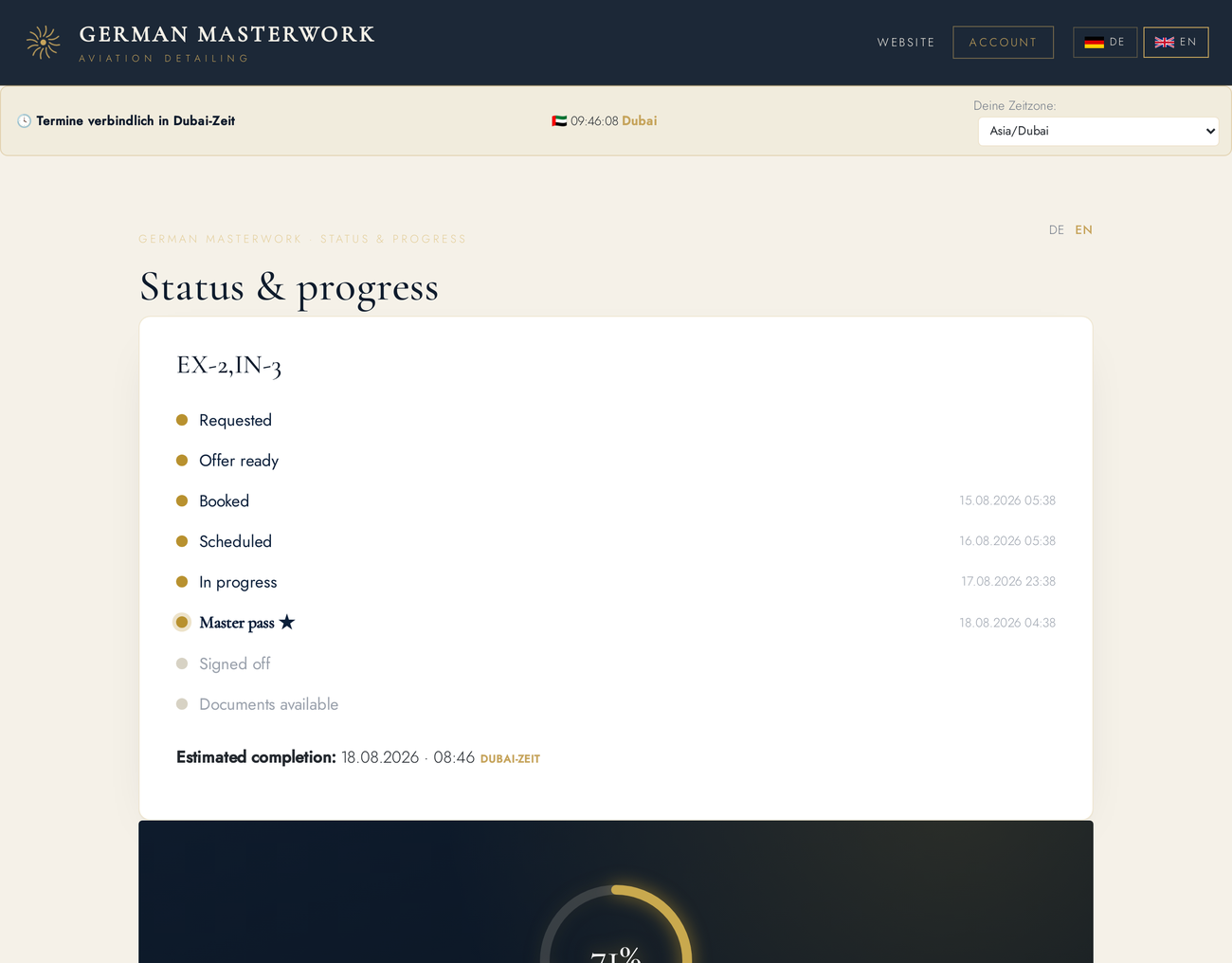German Masterwork Kundenportal — Status & Fortschritt: Live-Timeline mit aktueller Phase „Meisterrunde&ldquo; (Master pass ★) und Dubai-Zeit. Fiktive Kennung D-GMWK, Demodaten. — German Masterwork client portal — status & progress timeline with the current „Master's Round&ldquo; (Master pass) milestone and Dubai time; fictitious registration D-GMWK, demo data.