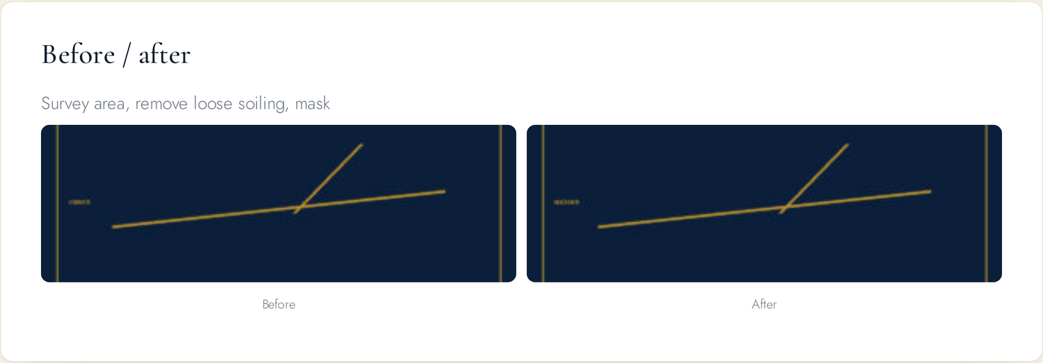 German Masterwork Kundenportal — Vorher/Nachher-Ansicht eines Arbeitsschritts mit Navy/Gold-Silhouetten. Fiktive Kennung D-GMWK, Demodaten. — German Masterwork client portal — before-and-after view of a work step with navy/gold silhouettes; fictitious registration D-GMWK, demo data.